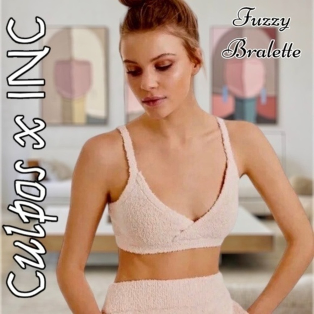 CULPOS x INC Fuzzy Stretch Knit Bralette Cropped Tank Top-Nude Blush NWT/LG